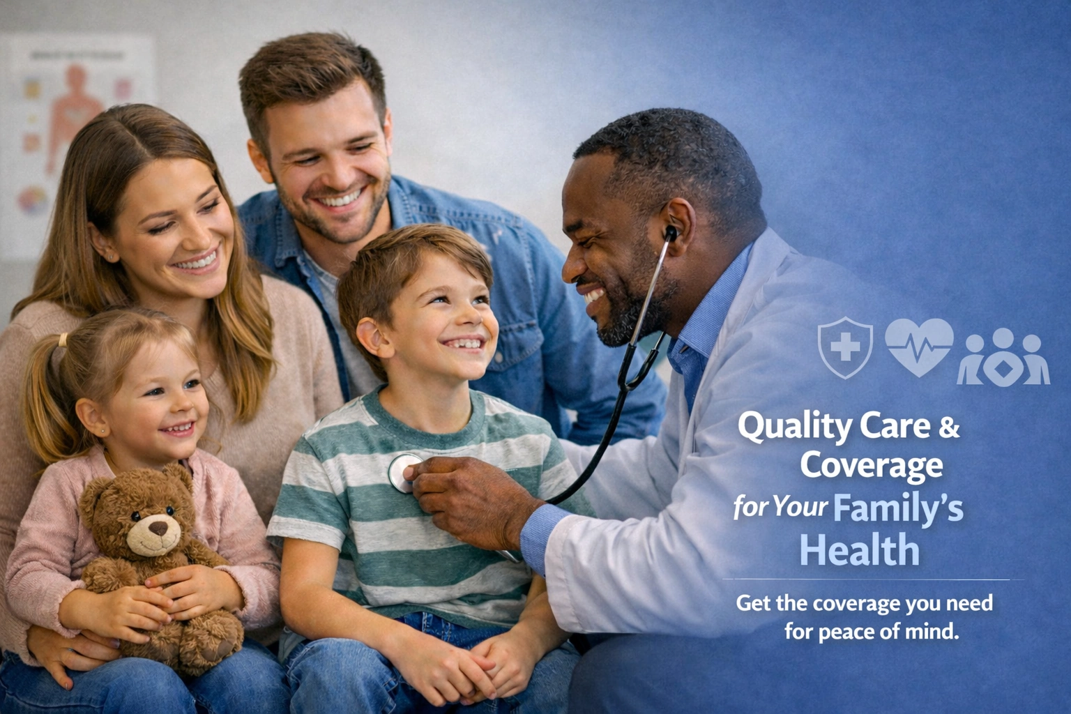 Young family with two children being attended by a friendly doctor