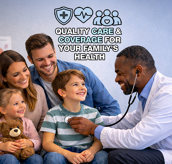 Young family with two children being attended by a friendly doctor